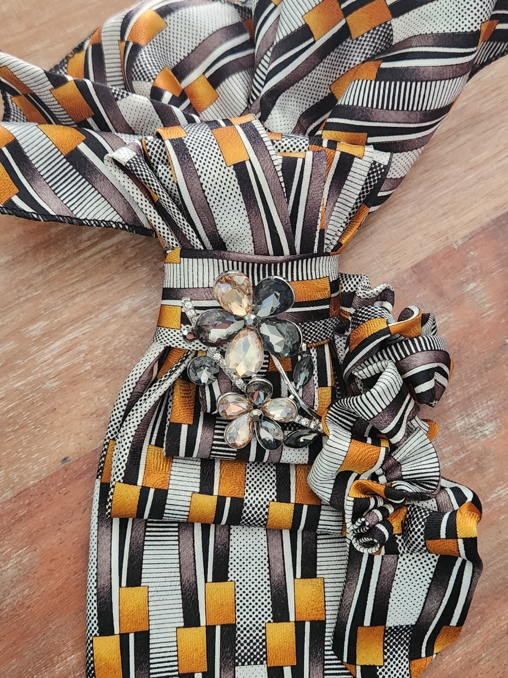 Silk-Feel Black & Mustard Geometric Hankerchief/Tie Brooch